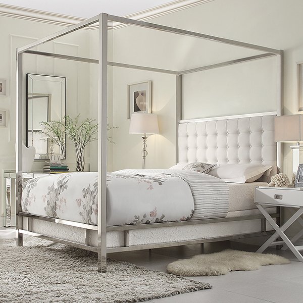 Canopy Button Tufted Metal Poster Bed